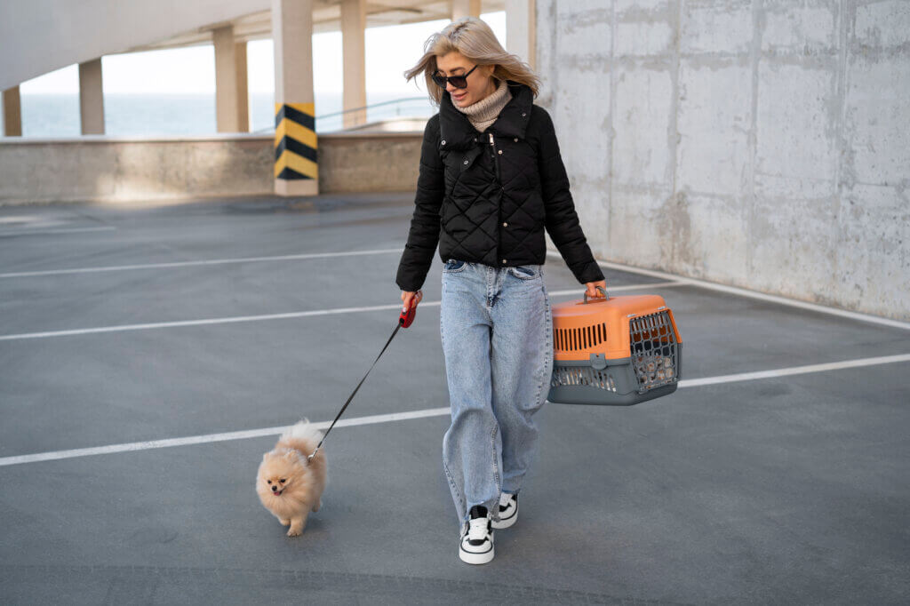 Mulher caminhando com cachorro de pequeno porte e carregando caixa de transporte para viagem com pet