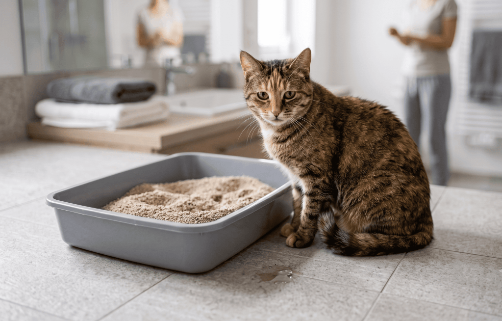Gato calico deitado em mesa de exame veterinário recebendo ultrassom abdominal para diagnosticar estresse urinário e gato fazendo xixi fora da caixa.