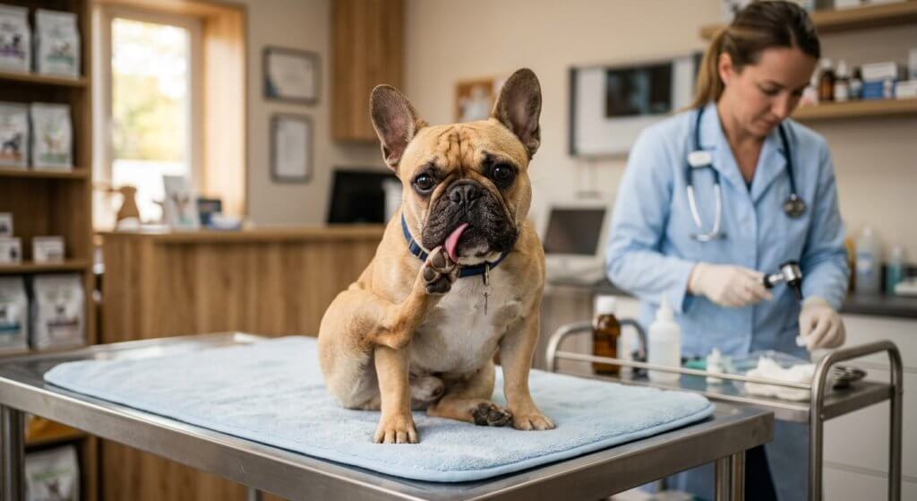 Bulldog Francês sentado em consultório veterinário lambendo a pata avermelhada, ilustrando cachorro se cocando muito.